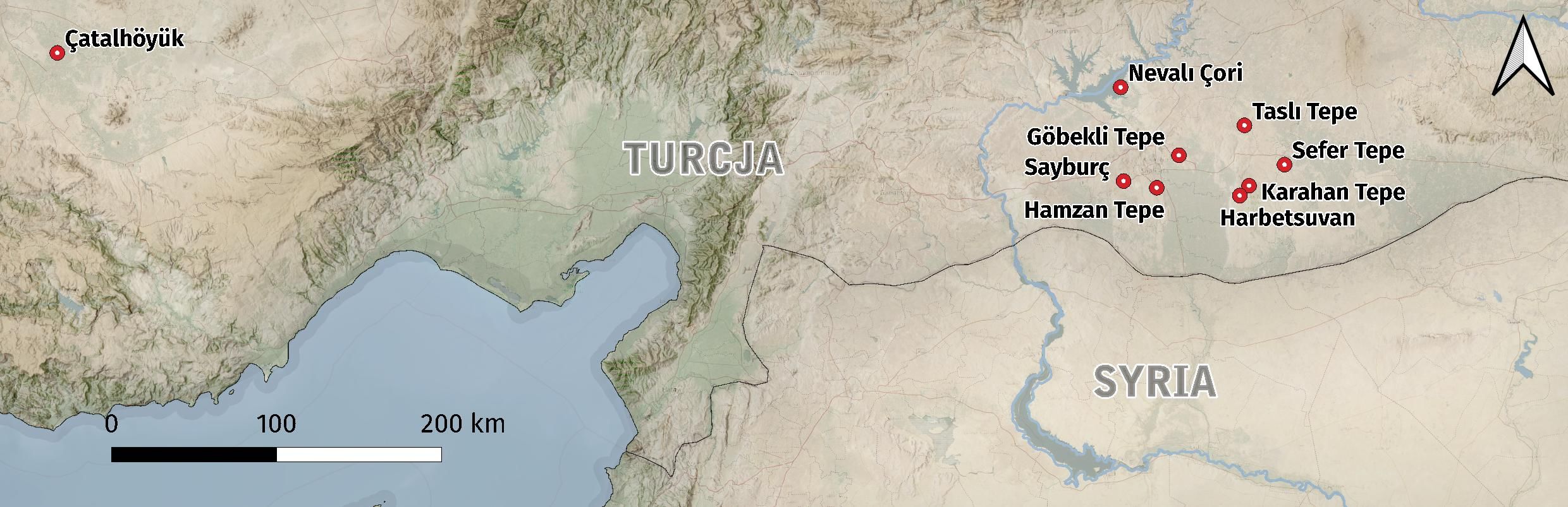 Mapa ukazująca neolityczne stanowiska z filarami T-kształtnymi oraz Çatalhöyük