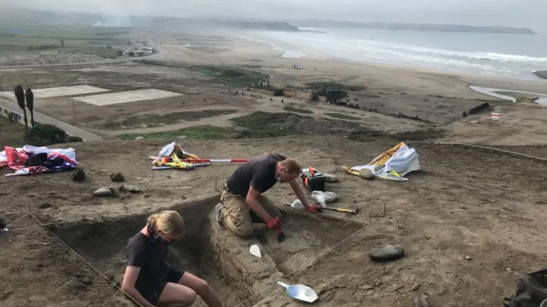 Archeolodzy polscy w trakcie odkrywania muru z cegły adobe. W tle Pacyfik