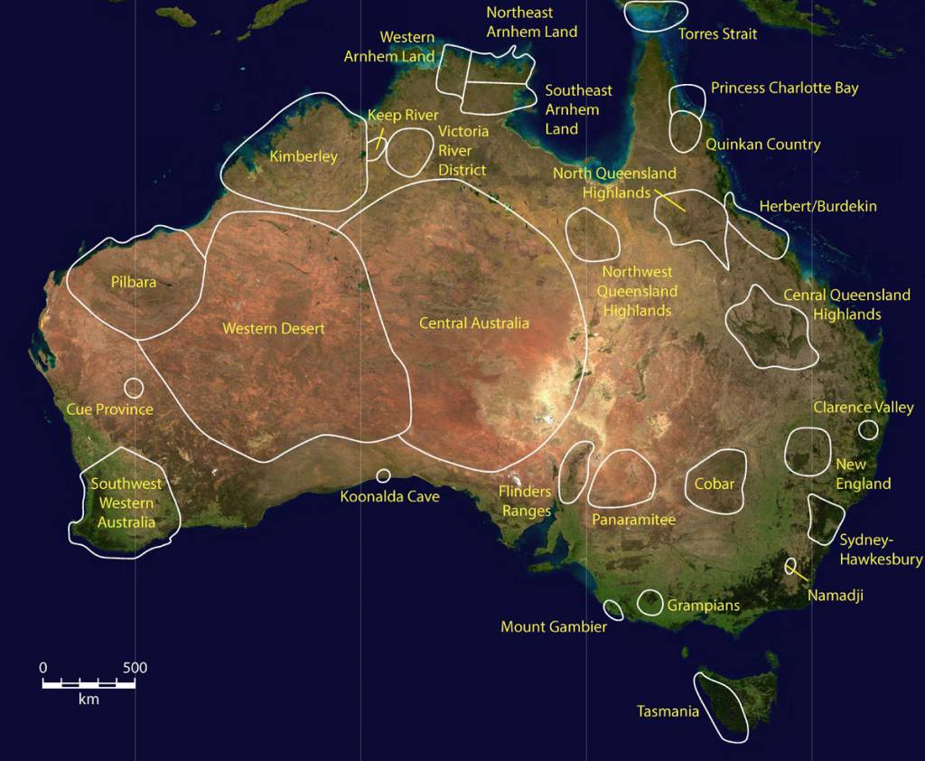 Główne regiony stylów sztuki naskalnej w Australii. Zaznaczone granice są umowne, z kolei najstarszy styl ogólnokontynentalny znany wcześniej jako ‘Panaramitee’ został pominięty (fot. J. McDonald)