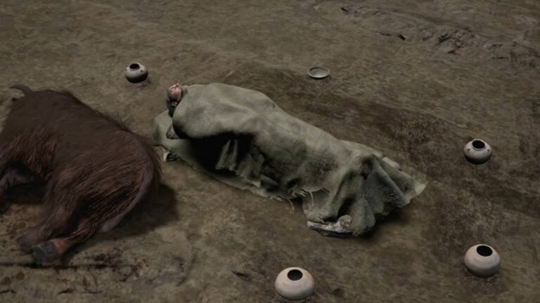 Rekonstrukcja pochówku kultury amfor kulistych w Kaliszanach: zmarły przykryty tkaniną leży na ziemi, obok widoczne są naczynia ceramiczne i szczątki zwierzęcia.