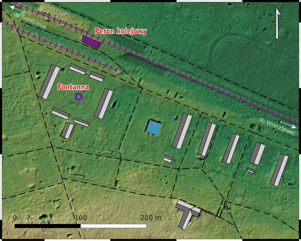 Plan reliktów dawnego obozu RAD Kretmanschberg oraz budynków położonych na wschód od niego, interpretowanych jako część AL Kretschamberg, na podkładzie Numerycznego Modelu Terenu