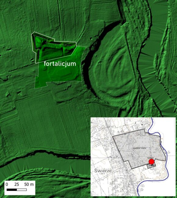 Numeryczny model terenu LiDAR przedstawiający zarys bastionu i wałów ziemnych nowożytnego fortalicjum w Świerżach nad Bugiem.