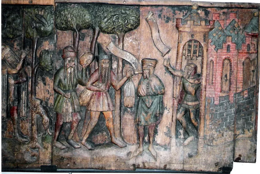 Fragment stelli z kościoła św. Mikołaja w Stralsundzie obrazująca polowanie na wiewiórki  i handel z kupcami w Nowogrodzie Wielkim