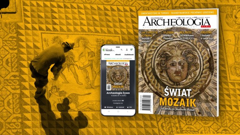 numer w wersji drukowanej i cyfrowej oraz zdjęcia archeologa czysczącego mozaikę w Ptolemais