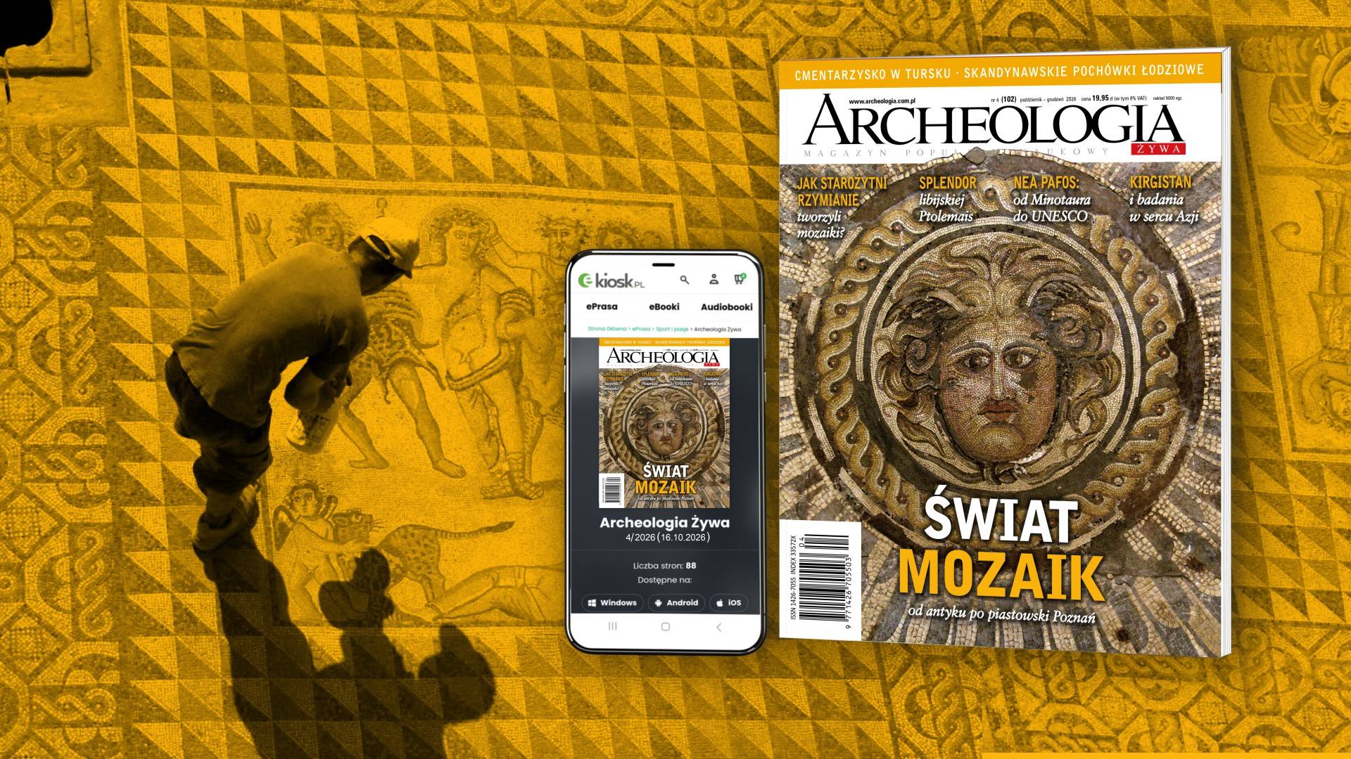 numer w wersji drukowanej i cyfrowej oraz zdjęcia archeologa czysczącego mozaikę w Ptolemais