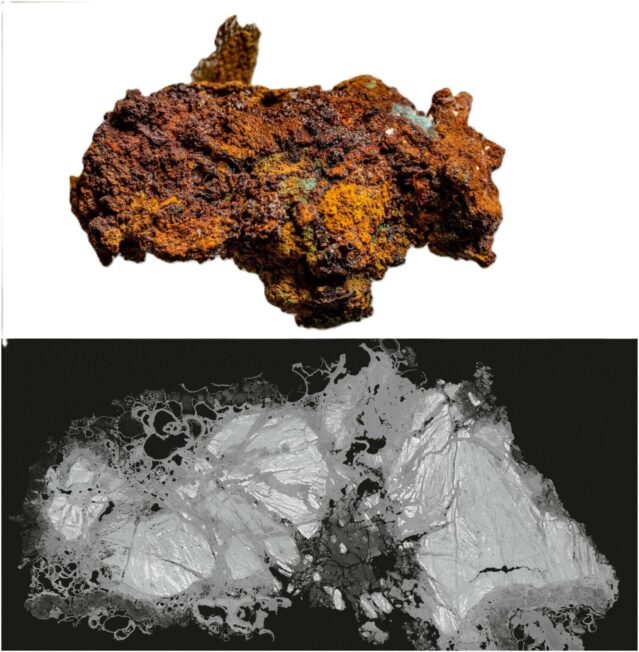 Fragment materiału metalurgicznego z Castillo de Huarmey oraz mikroskopowy obraz jego wewnętrznej struktury