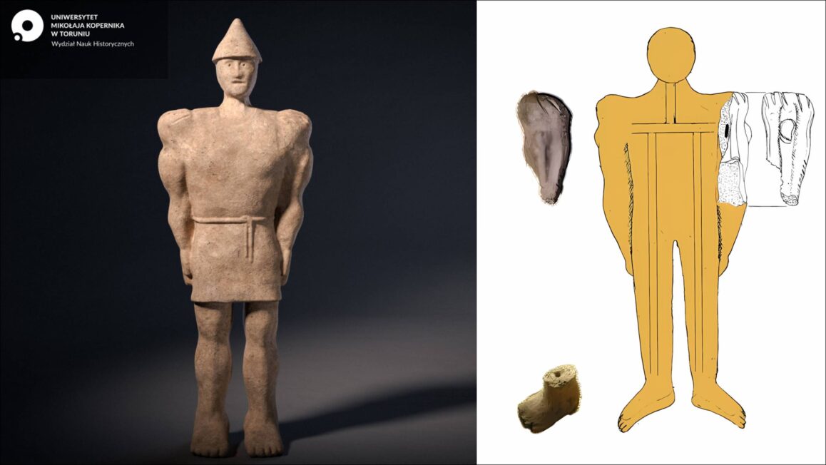 Po lewej: najnowsza rekonstrukcja cyfrowa (oprac. M. Osiadacz / Instytut Archeologii UMK). Po prawej: starsza propozycja rekonstrukcji z przedstawionymi fragmentami