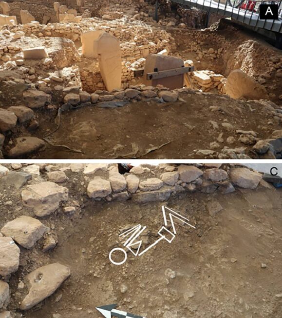 Miejsce pochówku młodej kobiety obok monumentalnego Budynku A w Göbekli Tepe oraz rekonstrukcja ułożenia jej ciała.
