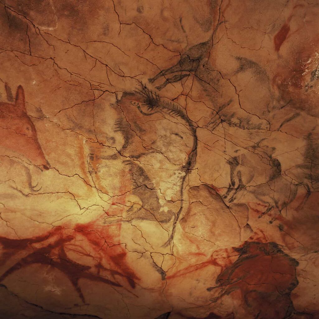 Przedstawienie grupy zwierząt, zdobiące sufit jaskini Altamira