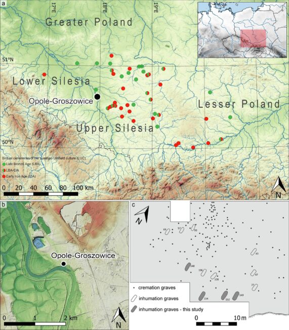 Mapa stanowisk z późnej epoki brązu i wczesnej epoki żelaza, lokalizacja Opola-Groszowic oraz plan cmentarzyska.
