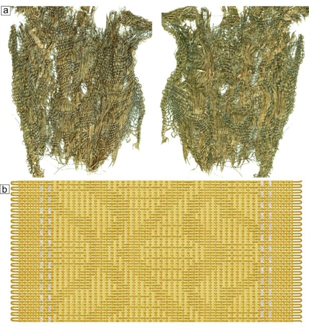 U góry dwa silnie zniszczone fragmenty XVII-wiecznej ozdobnej taśmy tekstylnej, u dołu graficzna rekonstrukcja jej gęstego, geometrycznego splotu w złocistym kolorze.