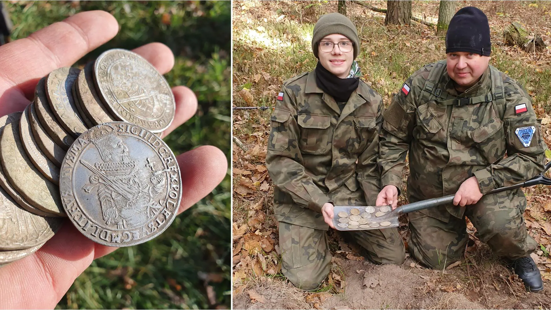 Cenny skarb monet odnaleźli Szymon i Sławomir Milewscy z SHB „Triglav” na głębokości zaledwie 5-15 cm (fot. Mateusz Sygacz)