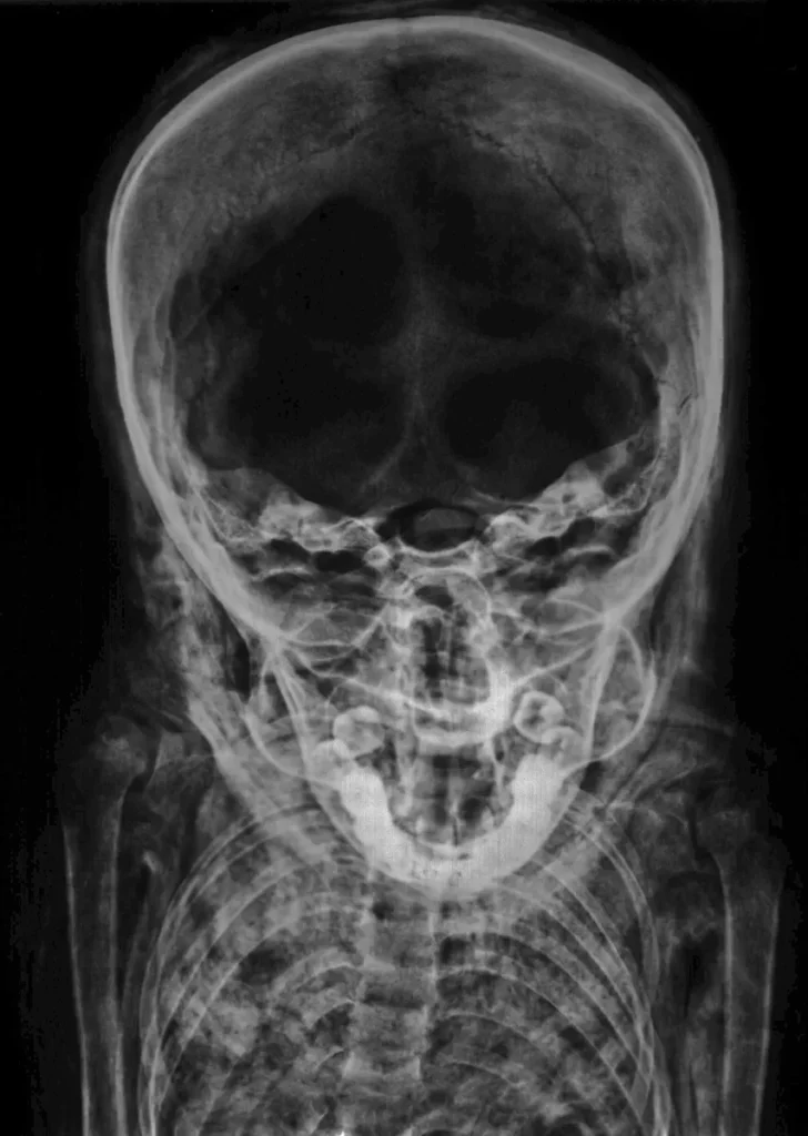 Radiogram czaszki mumii dziecka; Egipt, okres ptolemejski