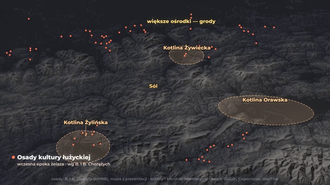 Mapa osad kultury łużyckiej we wczesnej epoce żelaza, z zaznaczoną Solą oraz Kotliną Żywiecką, Żylińską i Orawską.