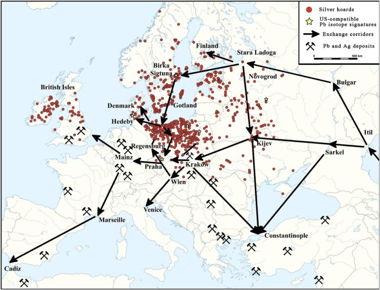 Mapa Europy z rozmieszczeniem wczesnośredniowiecznych skarbów srebra, złóż ołowiu i srebra oraz zabytków o sygnaturze izotopowej zgodnej ze złożami Wyżyny Śląsko-Krakowskiej. Strzałki oznaczają kierunki wymiany handlowej.