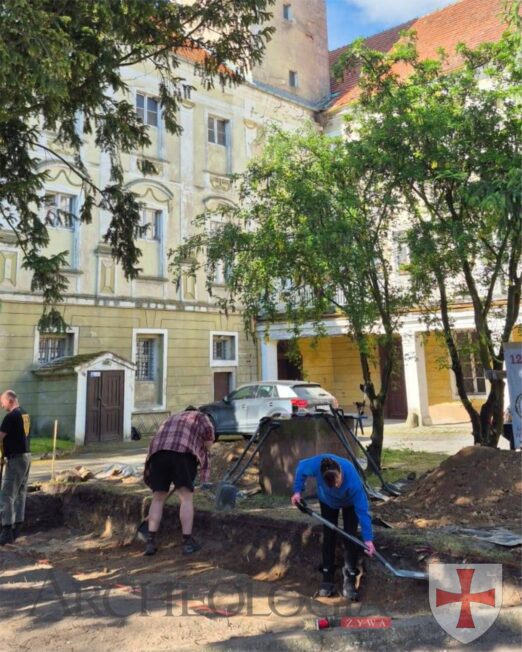 Po wcześniejszym rozpoznaniu średniowiecznych reliktów w podziemiach pałacu przez dr. Macieja Małachowicza, najnowsze prace objęły także brukowany dziedziniec