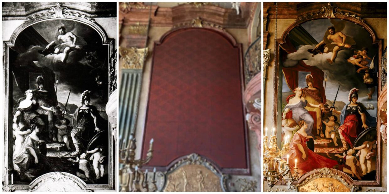 Personifikacja czterech epok z Jowiszem strącającym Saturna. Oryginał, stan przejściowy i kopia, która po 80 latach zawisła w Zamku Książ (fot. Zamek Książ)