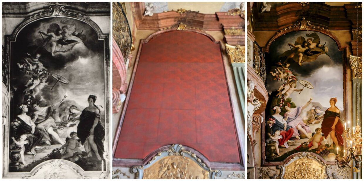 Personifikacja czterech pór roku z Jowiszem i Junoną. Oryginał, stan przejściowy i kopia, która po 80 latach zawisła w Zamku Książ (fot. Zamek Książ)